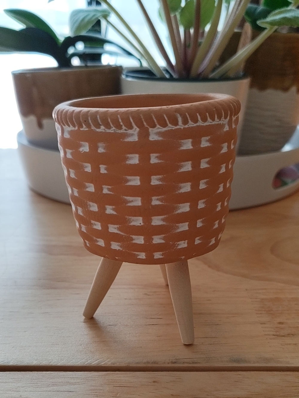 Terracotta Patterned Ceramic Planter with Wooden Tripod Stand - Brown